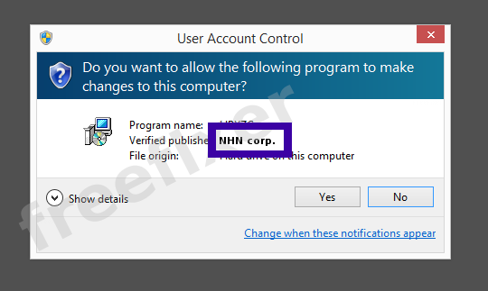 Screenshot where NHN corp. appears as the verified publisher in the UAC dialog